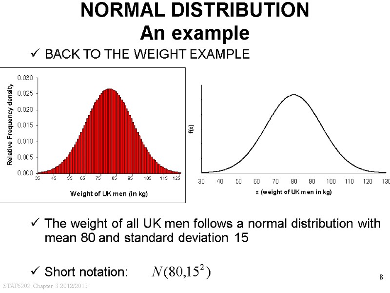 STAT6202 Chapter 3 2012/2013 8 The weight of all UK men follows a normal